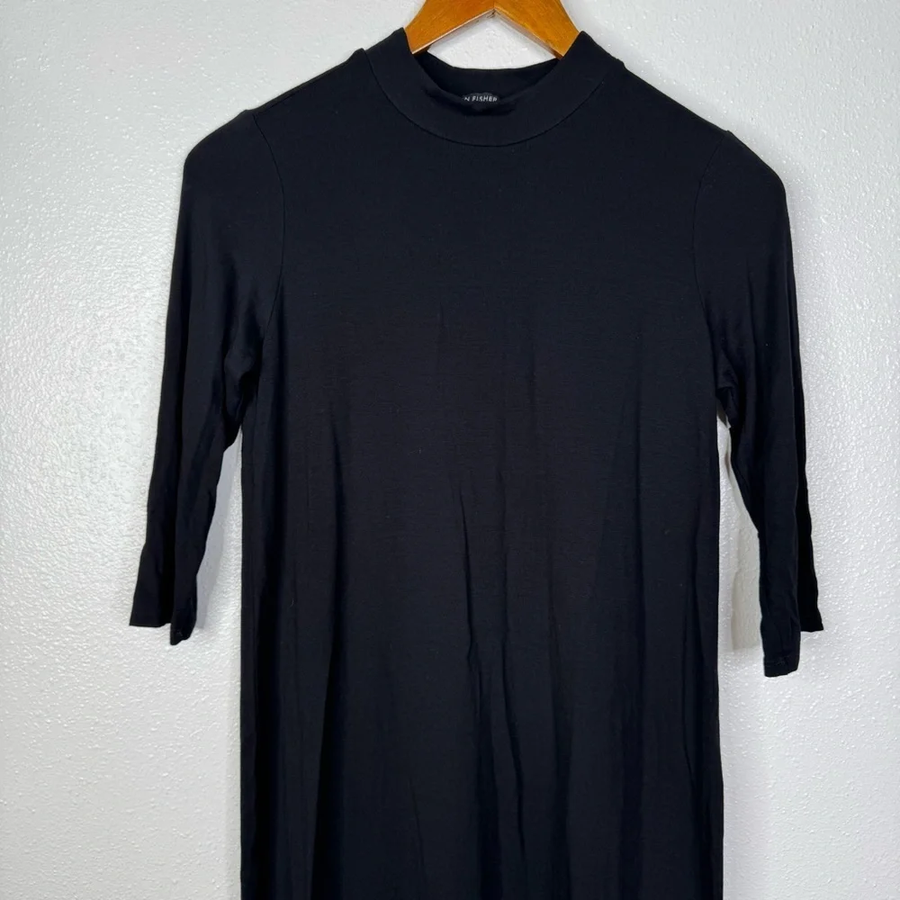 Eileen Fisher Black Stretchy Knit‎ 3/4 Sleeve Midi Dress Size Xxs